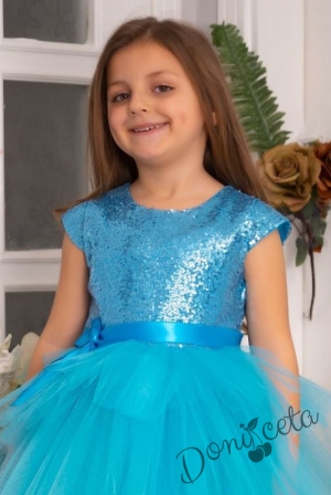 Детска официална рокля Хава в светлсиньо от пайети и тюл на пластове 2