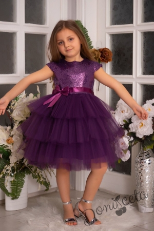 Детска официална рокля Хава в тъмнолилаво от пайети и тюл на пластове 1