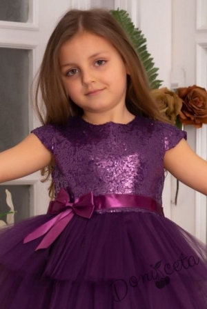 Детска официална рокля Хава в тъмнолилаво от пайети и тюл на пластове 2