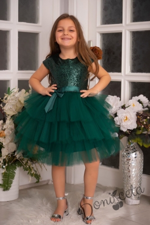 Детска официална рокля Хава в тъмнозелено от пайети и тюл на пластове 1