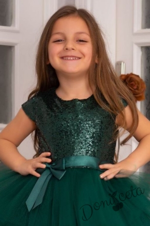 Детска официална рокля Хава в тъмнозелено от пайети и тюл на пластове 2