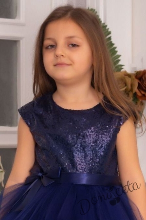 Детска официална рокля Хава в тъмносиньо от пайети и тюл на пластове 2