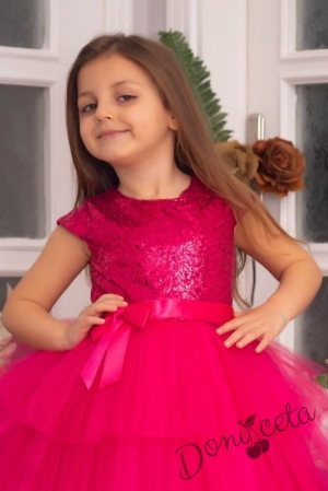 Детска официална рокля Хава в цвят циклама от пайети и тюл на пластове 2