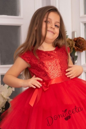 Детска официална рокля Хава в цвят червено от пайети и тюл на пластове 2