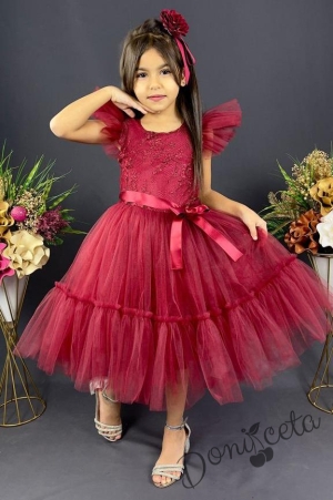 Детска официална рокля  в бордо  с дантела Рене 1