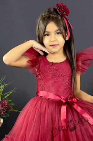 Детска официална рокля  в бордо  с дантела Рене 2