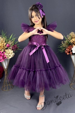 Детска официална рокля  в тъмнолилаво  с дантела Рене 1