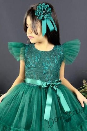 Детска официална рокля  втъмнозелено с дантела Рене 2