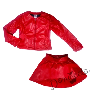 Комплект от кожена пола и кожено яке в червено за момиче 1