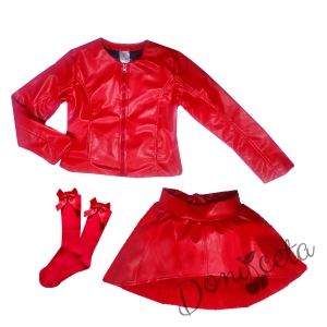 Комплект от кожена пола и кожено яке и чорапи в червено за момиче 1