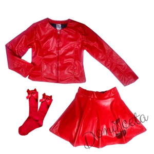 Комплект от кожена пола и кожено яке в и чорапи червено за момиче 2 1