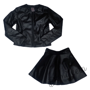 Комплект от кожена пола, кожено яке и чорапи в черно за момиче 2