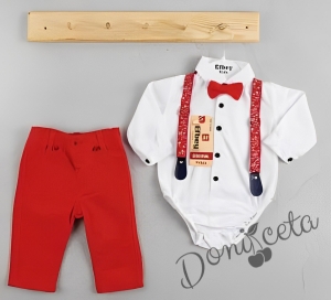 Бебешки комплект от панталон в червено, боди-риза в бяло, тиранти и папийонка 6872896