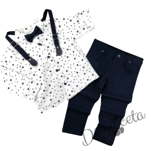 Комплект от риза в бяло със звезди и панталон, тиранти и папийонка в тъмносиньо