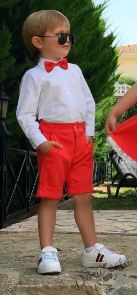 Комплект от риза в бяло и къси панталони в червено за момче 1