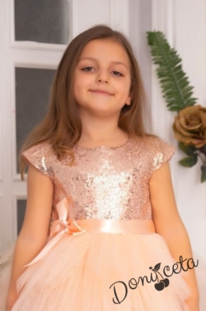 Детска официална рокля Хава в прасковено от пайети и тюл на пластове 2