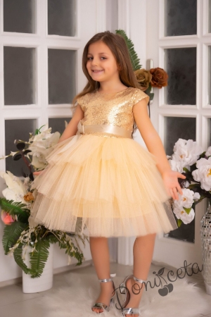 Детска официална рокля Хава в златисто от пайети и тюл на пластове 1