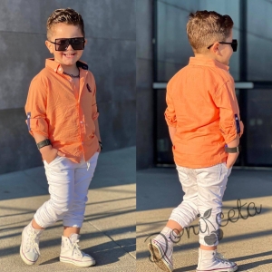 Комплект от риза в оранжево и панталон в бяло за момче 3