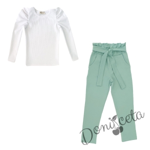Детски комплект от блуза в бяло и  панталони в тюркоаз 1