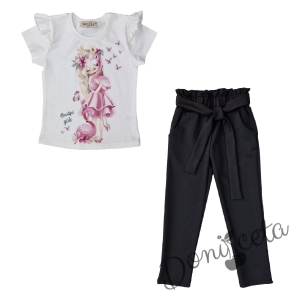 Детски комплект от тениска с фламинго в бяло и  панталони в черно 1