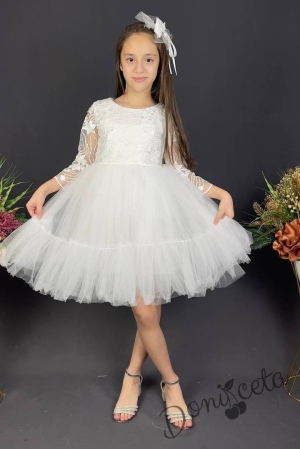 Детска рокля с ръкав 7-8 в бяло и панделка за коса Алена 1
