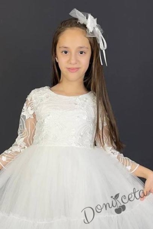 Детска рокля с ръкав 7-8 в бяло и панделка за коса Алена 2