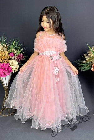 Официална детска дълга рокля в прасковено с тюл без ръкав Анджелина