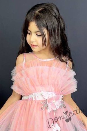 Официална детска дълга рокля в прасковено с тюл без ръкав Анджелина 2