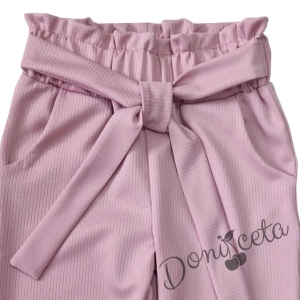 Детски панталон за момиче в цвят розово с висока талия и колан 2