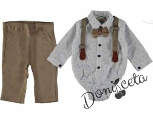 Бебешки комплект от боди-риза в бяло с дълъг ръкав, панталон, тиранти и папийонка в бежово 4565669 1