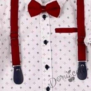 Комплект от риза в бяло.панталон, тиранти с орнаменти и папийонка в червено 686533598 2