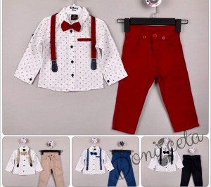 Комплект от риза в бяло.панталон, тиранти с орнаменти и папийонка в червено 686533598 3