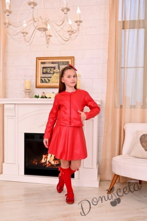Комплект от кожена пола и кожено яке в червено за момиче Дивна
