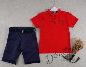 Комплект от риза с къс ръкав в червено и къси панталони в тъмно синьо 1