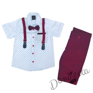Комплект от риза в бяло с орнаменти, тиранти, папийонка и панталони в бордо 1