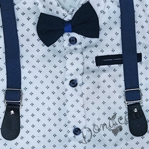 Комплект от риза в бяло с орнаменти, тиранти, папийонка и дълги панталони в тъмно синьо 2