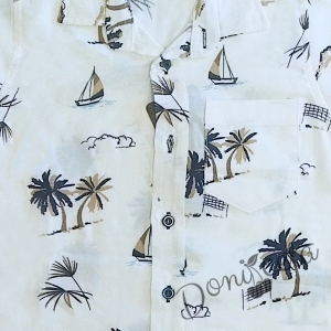 Детски комплект от панталон в бежово, риза в бяло на палми, папийонка и тиранти 2