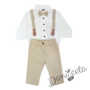 Бебешки комплект от панталон в бежово, боди-риза в бяло, тиранти и папийонка 75888687 2