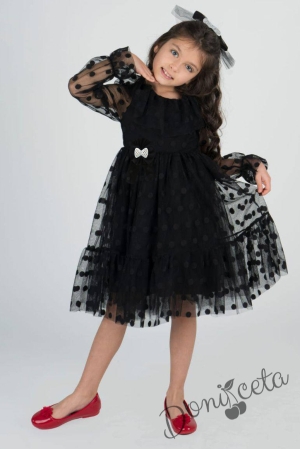 Официална детска рокля на точки с харбала в черно с тюл, дълъг ръкав, коланче и панделка за коса 1