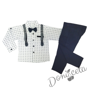 Комплект от риза в бяло на звезди, панталони, тиранти и папийонка в тъмносиньо 1
