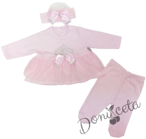 Бебешки комплект за момиче от ританки, рокля с тюл и лента за глава в розово 4548975 1