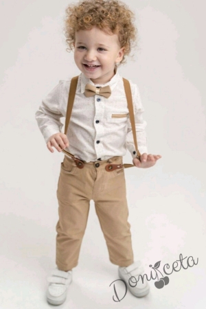 Комплект за момче от риза в бяло с папионка, тиранти и панталони в бежово 41316541 1