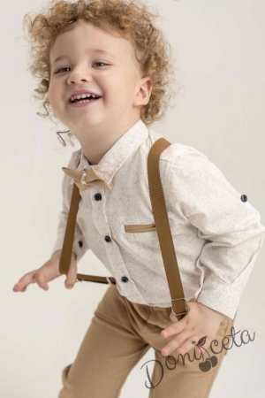 Комплект за момче от риза в бяло с папийонка, тиранти и панталони в бежово 41316541
