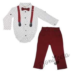 Бебешки комплект от панталон в бордо, боди-риза в бяло с орнаменти, тиранти и папийонка  45545631 1
