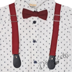 Бебешки комплект от панталон в бордо, боди-риза в бяло с орнаменти, тиранти и папийонка  45545631 2