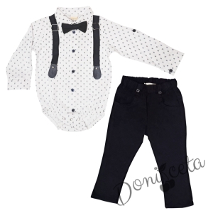 Бебешки комплект от панталон в тъмно синьо, боди-риза в бяло с орнаменти, тиранти и папийонка  58751464