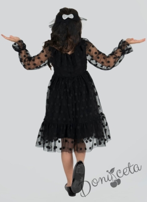 Официална детска рокля на точки с харбала в черно с тюл, дълъг ръкав, коланче и панделка за коса 2