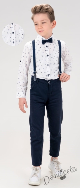 Комплект от панталон в тъмно синьо, риза в бяло с орнаменти, тиранти и папийонка  87641148