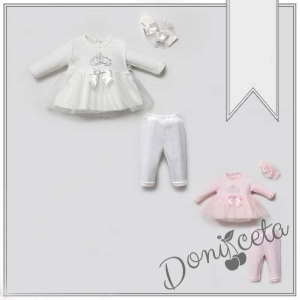 Бебешки комплект за момиче от ританки, рокля с тюл и лента за глава в розово 4548975 2