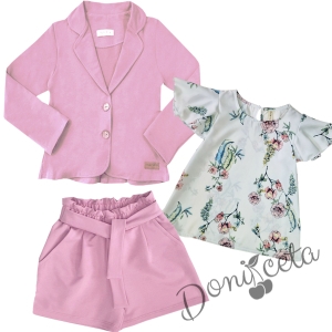 Детски комплект от 3 части - сако, къси панталони в розово и блузка на цветя с къс ръкав - крилце 66544136